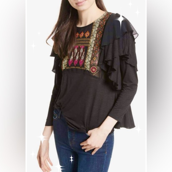 NWOT! Free People La Cienega Embroidered Ruffle Black Top! - Picture 2 of 8